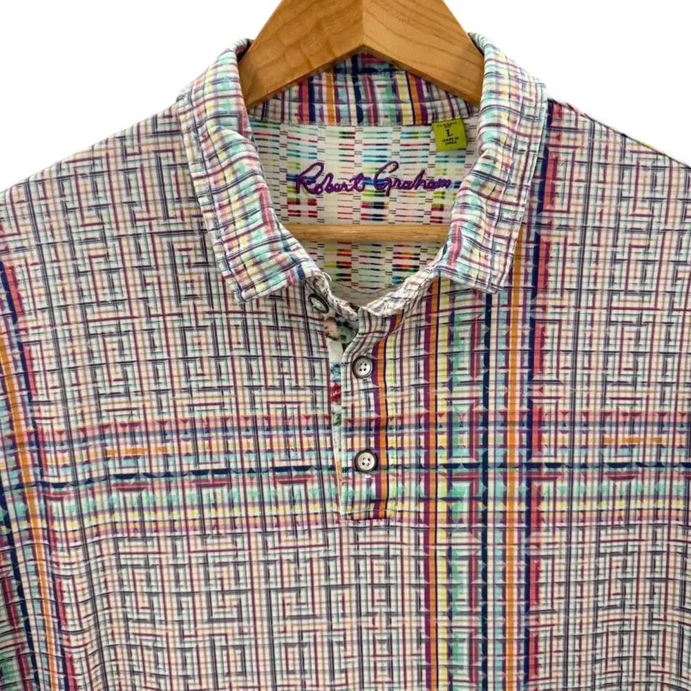 Robert Graham Men’s Colorful Rainbow Mixed Plaid Classic Polo Shirt Size Large - Picture 2 of 7